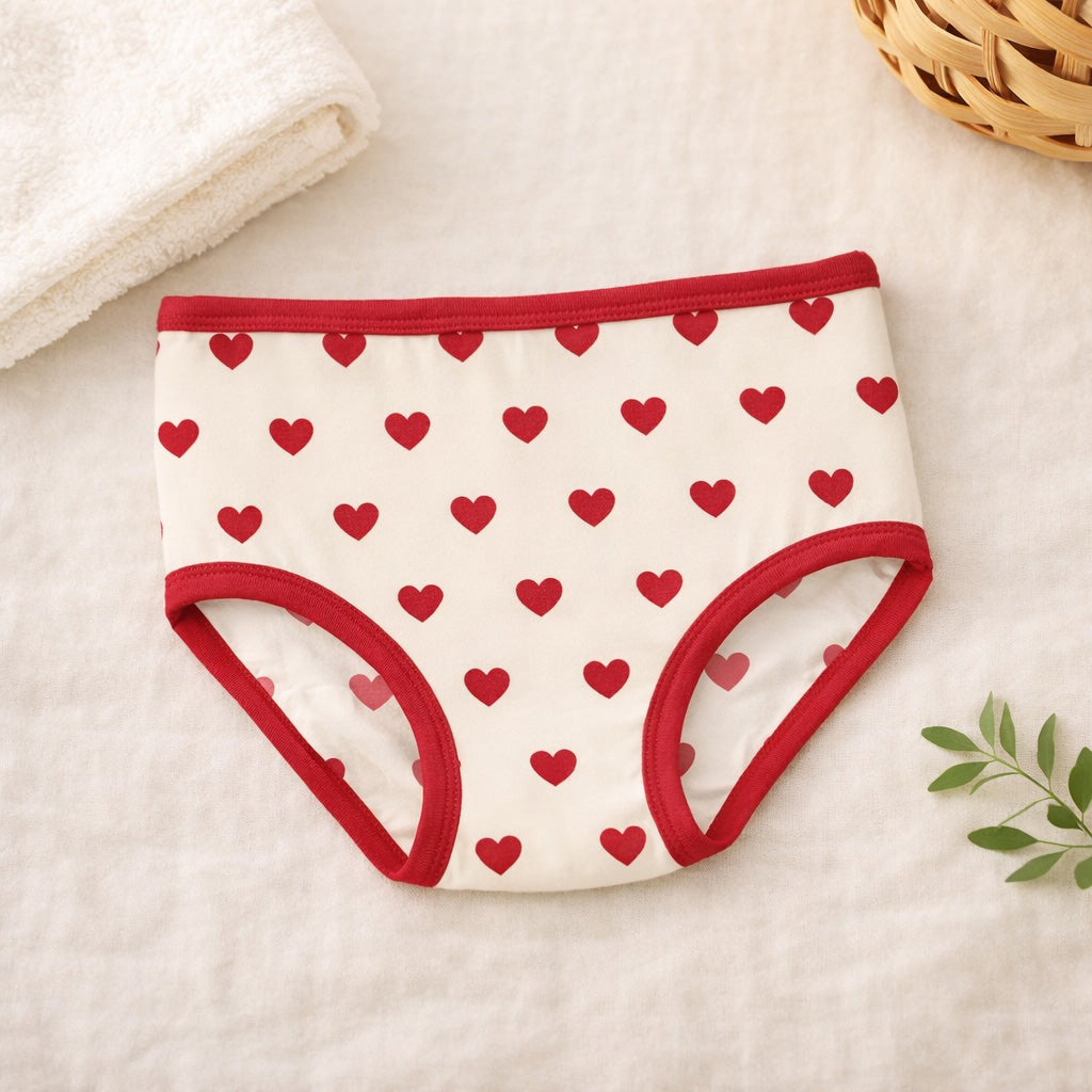 ナチュラルハート柄のガールズショーツの正面平置き。赤い縁取り