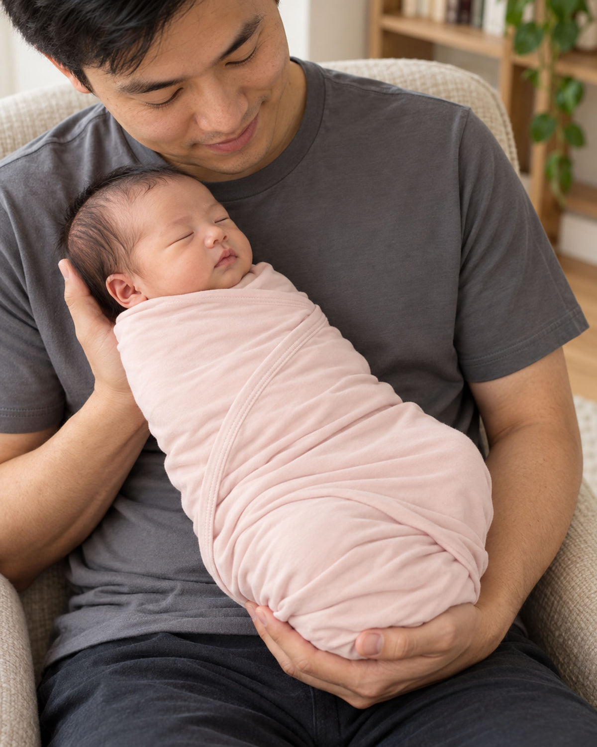 マカロンのスワドルブランケットに包まれ、大人に抱っこされる赤ちゃん