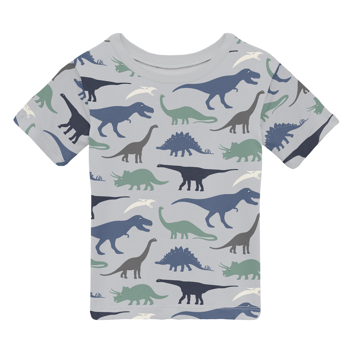 Dove Dino Museumの半袖クルーネックTシャツ。グレー地に青や緑の恐竜柄が見える平置き正面。