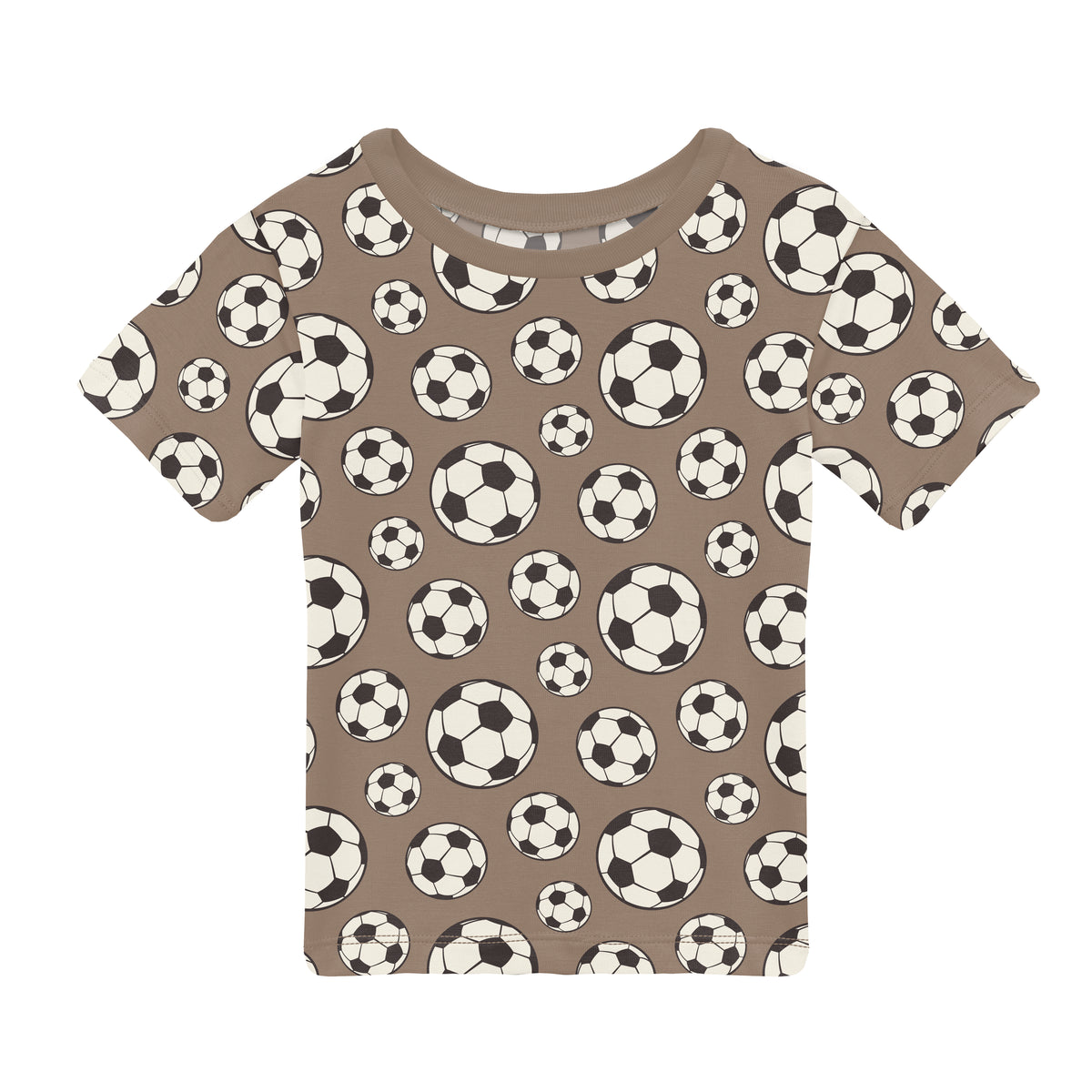 Portabella Soccerの半袖クルーネックTシャツ。茶色地のサッカーボール柄が見える平置き正面。