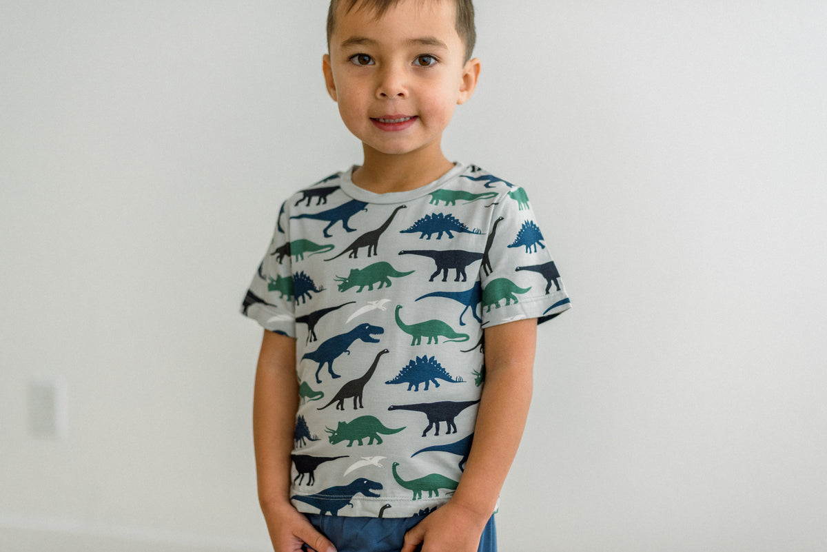 Dove Dino Museumの恐竜柄半袖クルーネックTシャツの正面着用、両袖・襟ぐり・裾