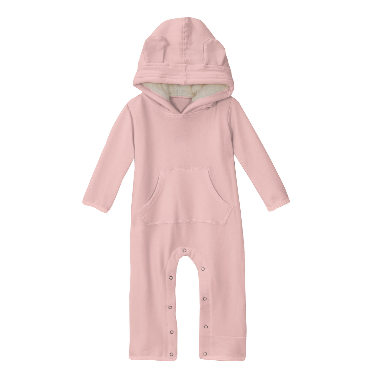 Baby Roseのフリースカバーオール。耳付きフードと前ポケット、股下スナップの平置き正面。