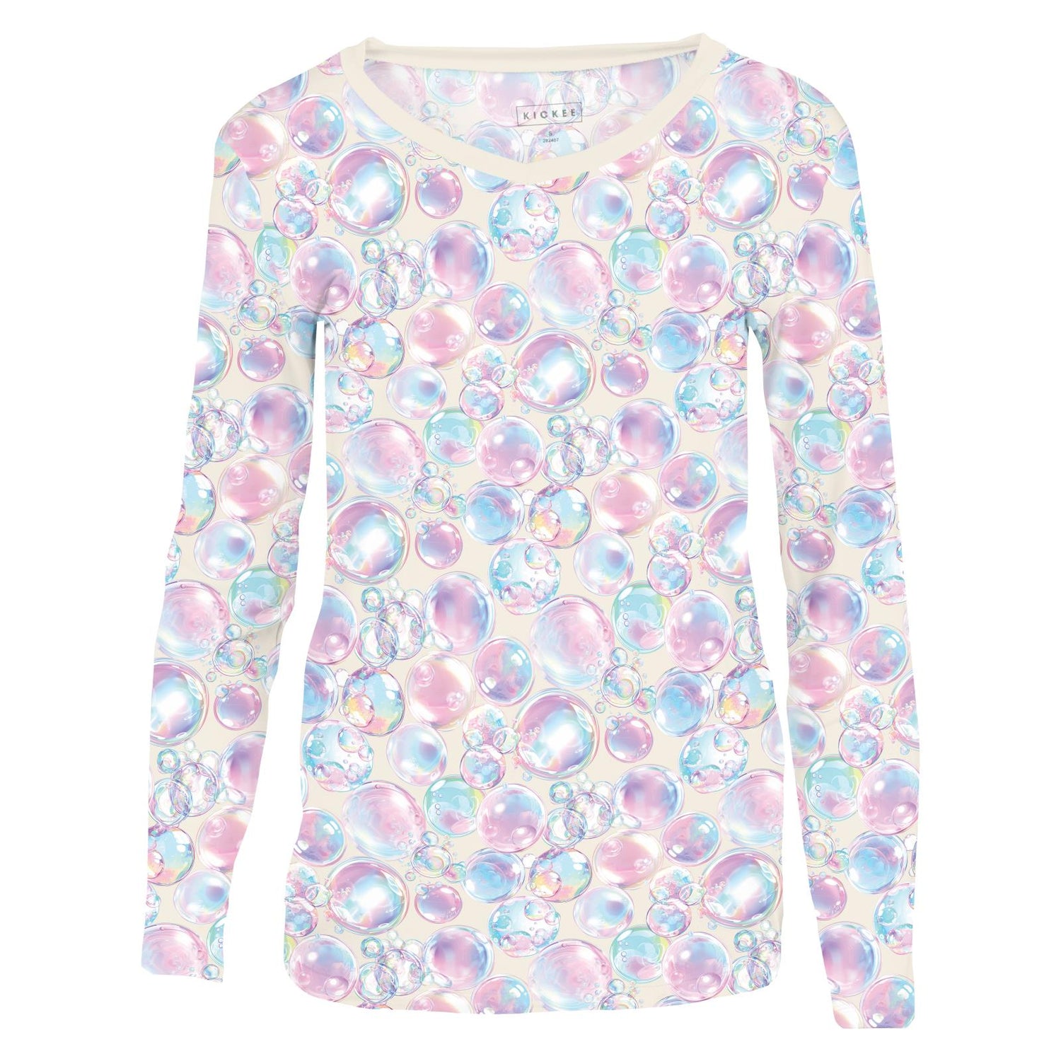 Women's Print Long Sleeve Relaxed V-Neck Tee in Natural Bubbles (353979)