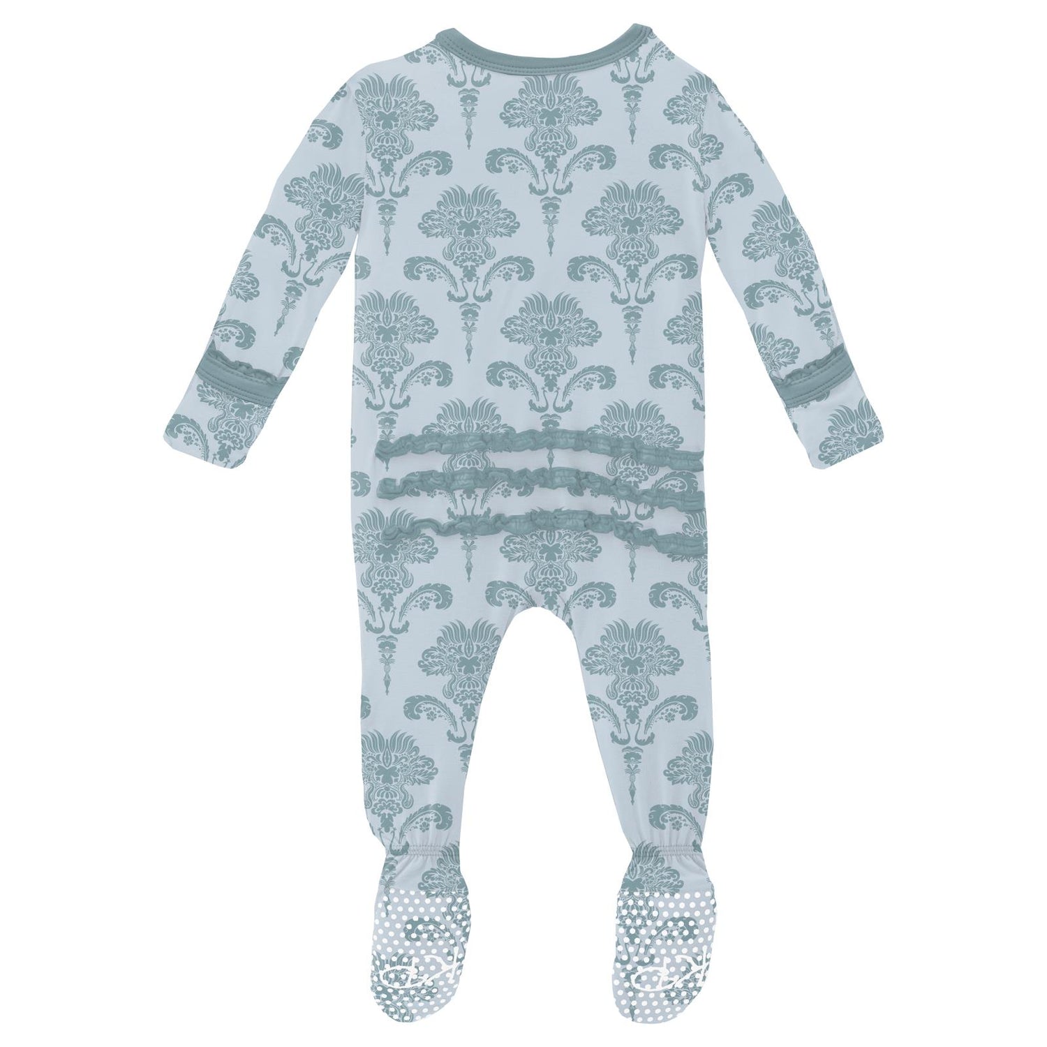 Print Muffin Ruffle Footie with 2 Way Zipper in Illusion Blue Damask