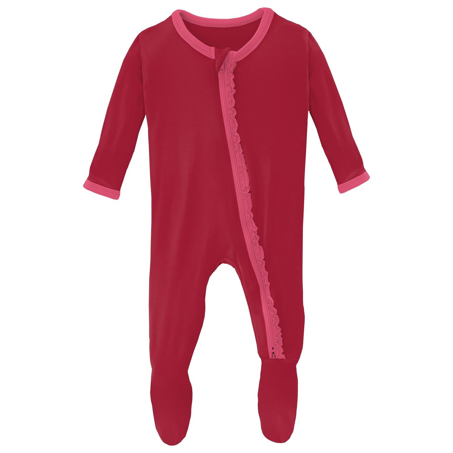Muffin Ruffle Footie with 2 Way Zipper in Crimson with Winter Rose
