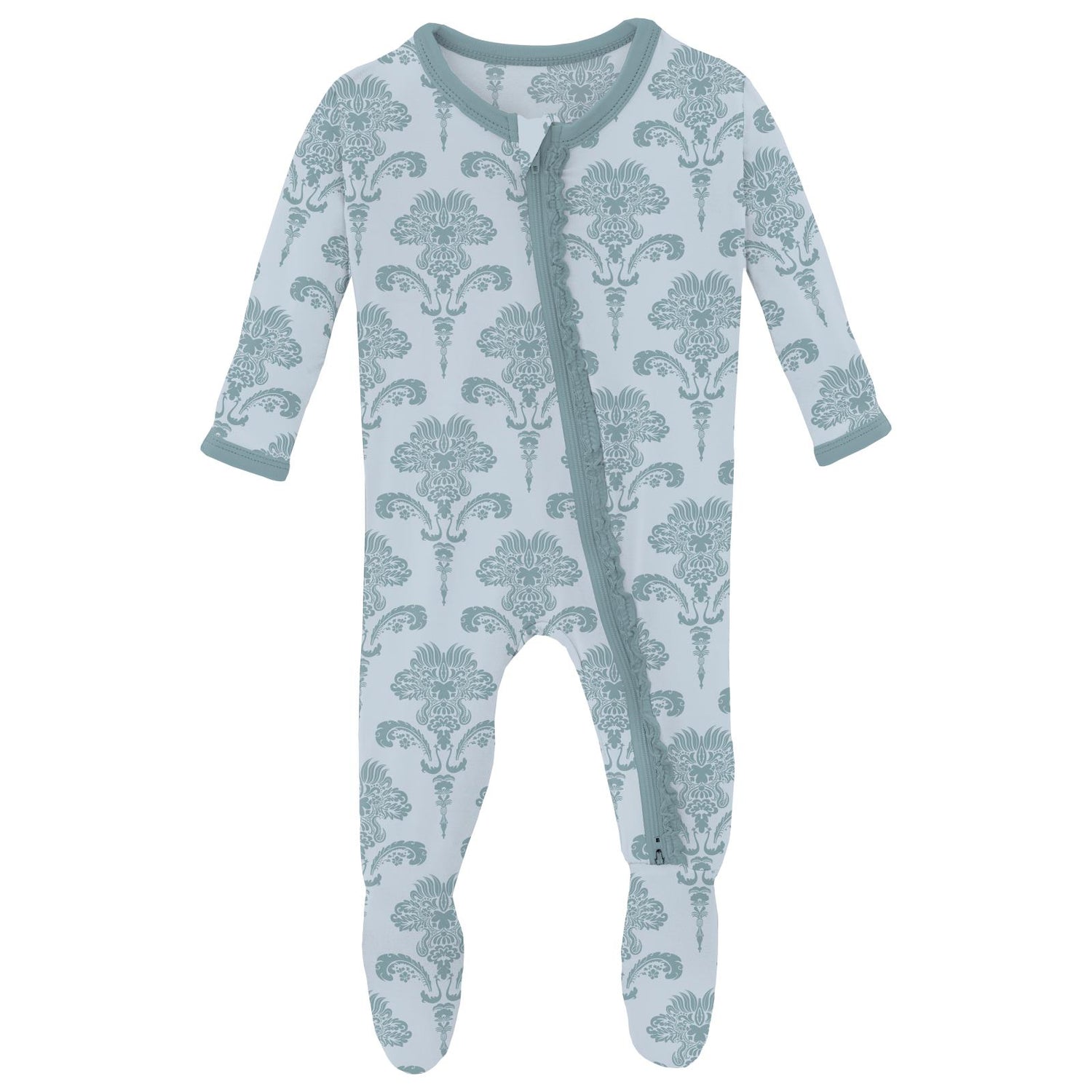 Print Muffin Ruffle Footie with 2 Way Zipper in Illusion Blue Damask