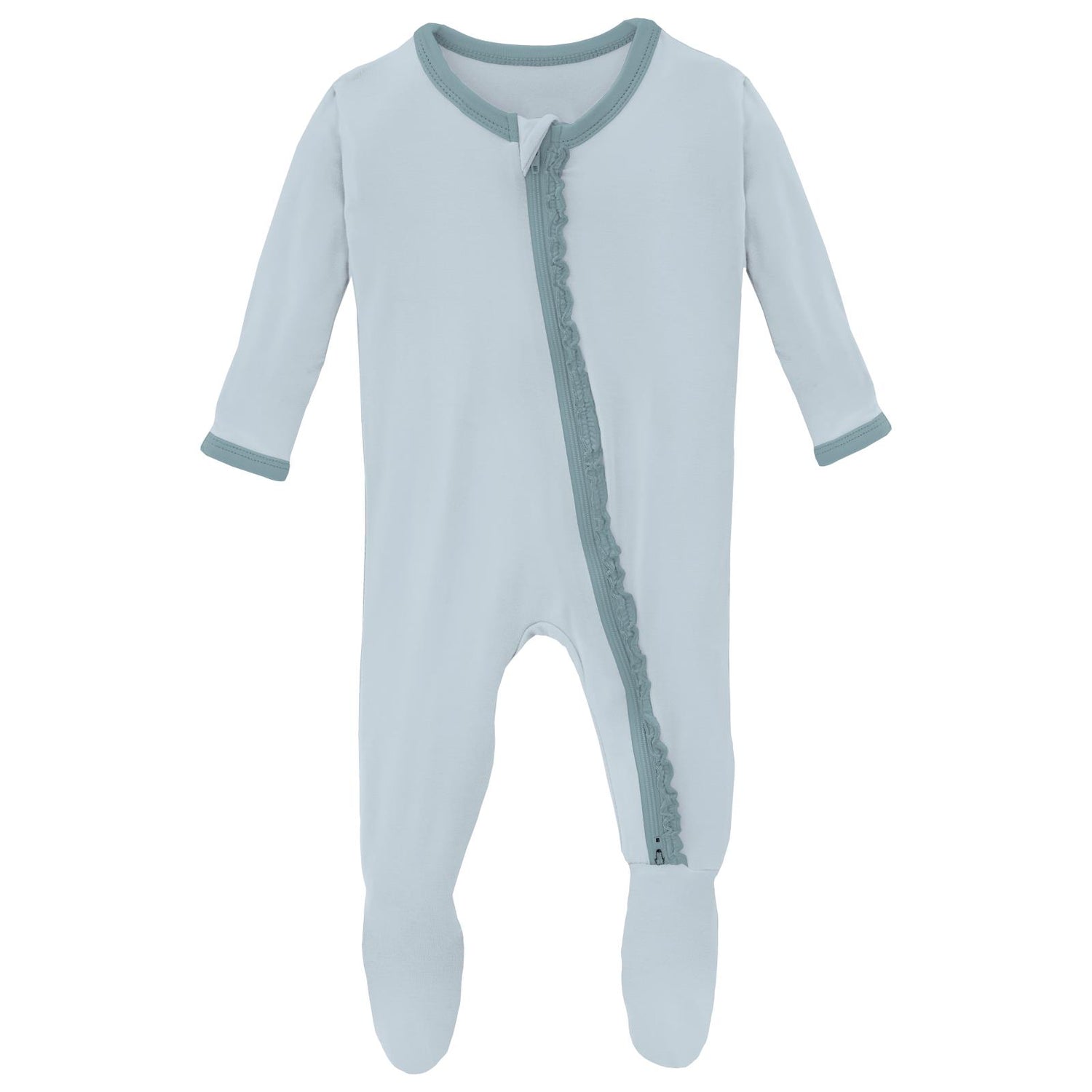 Muffin Ruffle Footie with 2 Way Zipper in Illusion Blue with Stormy Sea