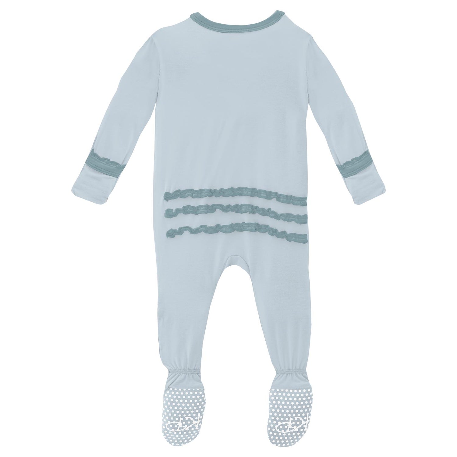 Muffin Ruffle Footie with 2 Way Zipper in Illusion Blue with Stormy Sea