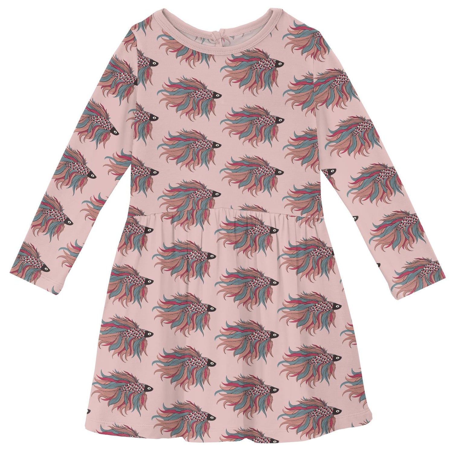 Print Long Sleeve Twirl Dress with Pockets in Baby Rose Rainbow Fish