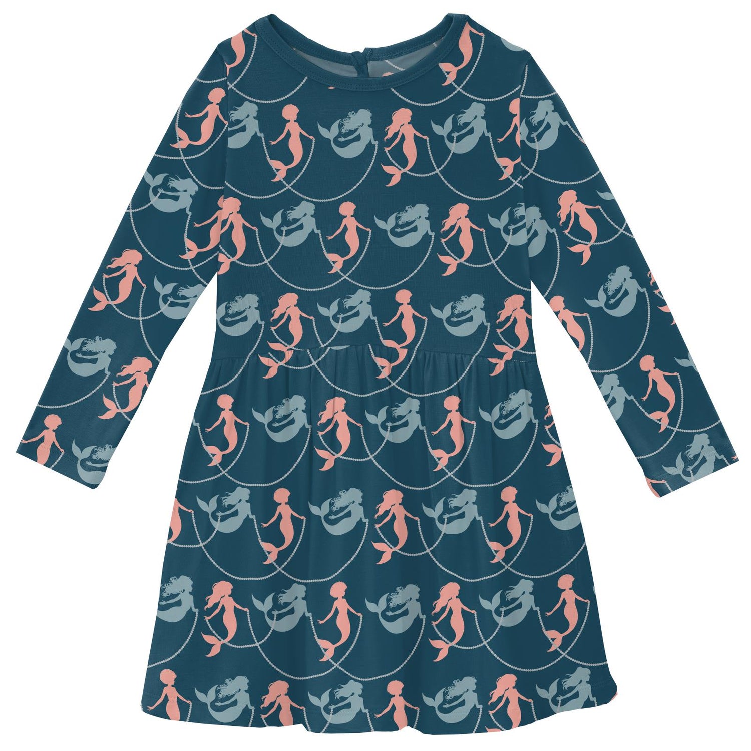 Print Long Sleeve Twirl Dress with Pockets in Peacock Mermaids & Pearls