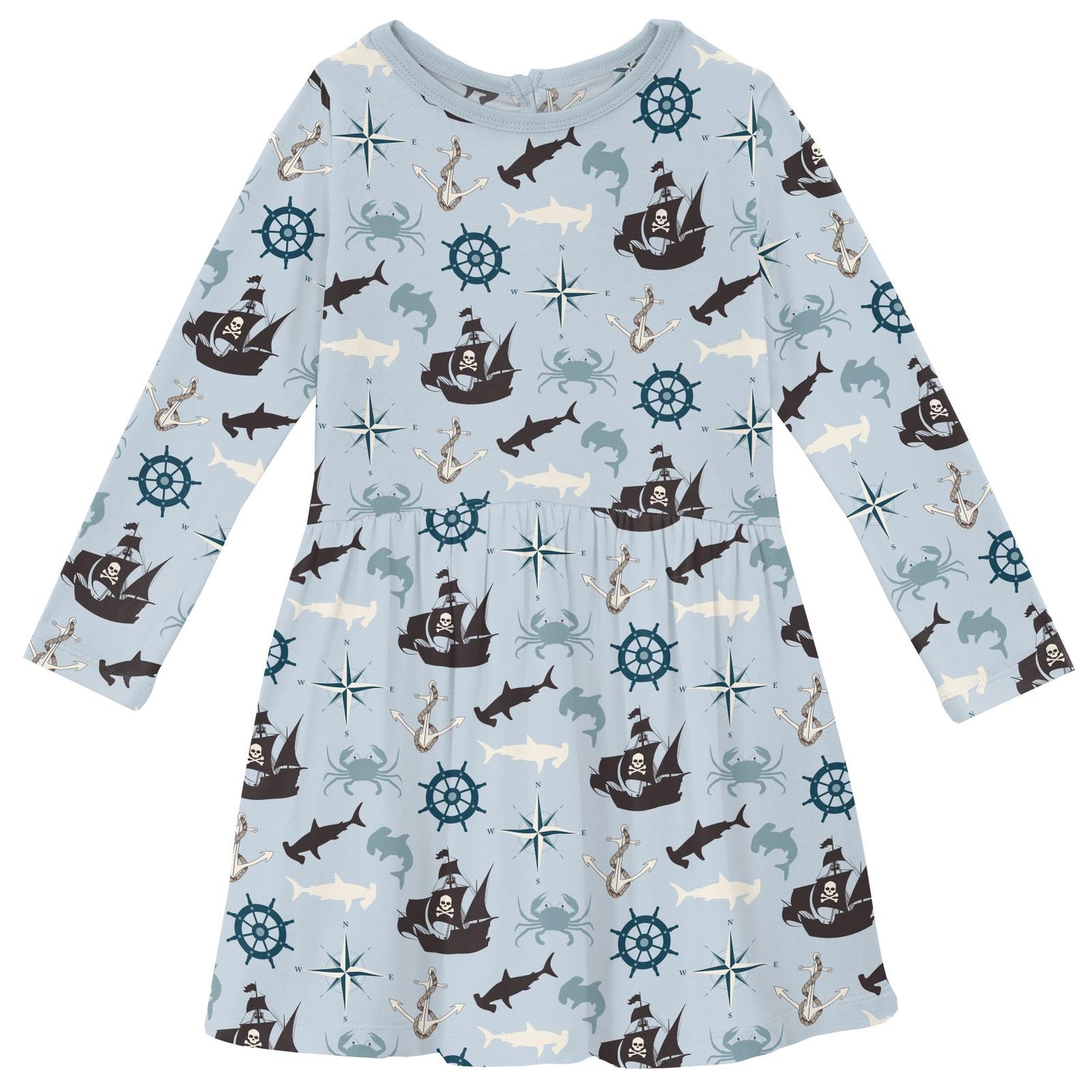 Print Long Sleeve Twirl Dress with Pockets in Illusion Blue Pirate Adventure