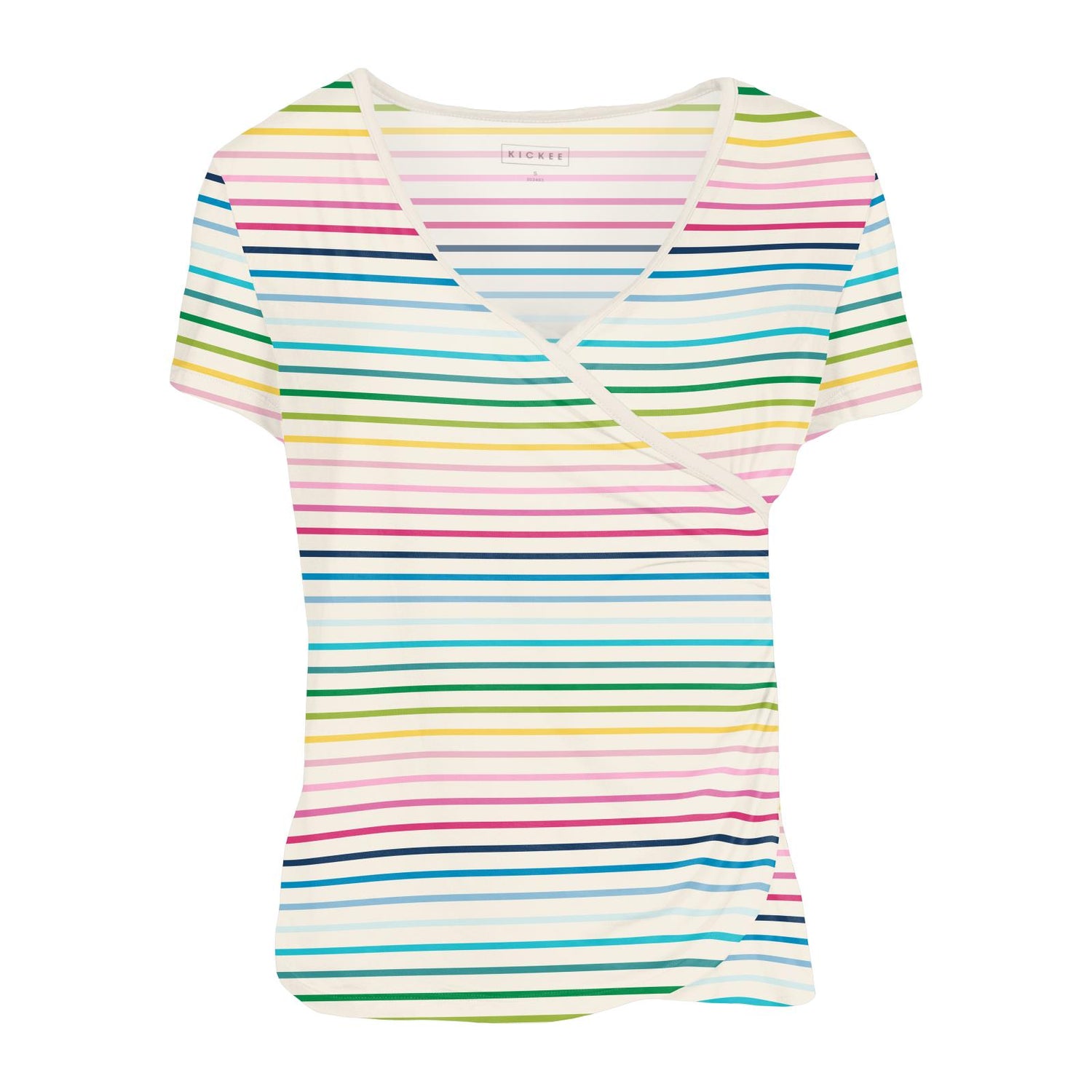 Women's Print Short Sleeve Surplice Tee in Happy Stripe