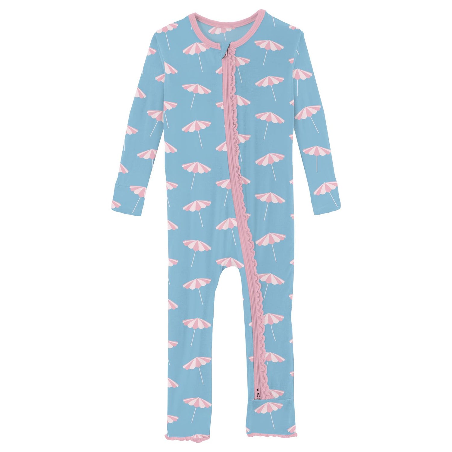 Print Muffin Ruffle Coverall with 2 Way Zipper in Seaside Blue Beach Umbrellas (339139)