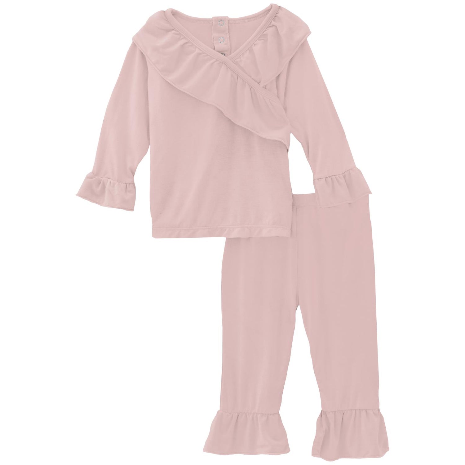 Long Sleeve Kimono Double Ruffle Outfit Set in Baby Rose (351698)