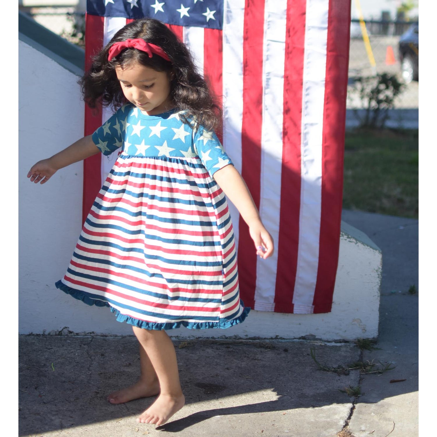 Print Short Sleeve Swing Dress in Vintage Stars with USA Stripe (288479)