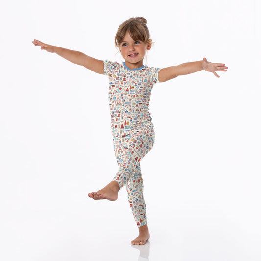 Print Short Sleeve Pajama Set in Party USA (361348)