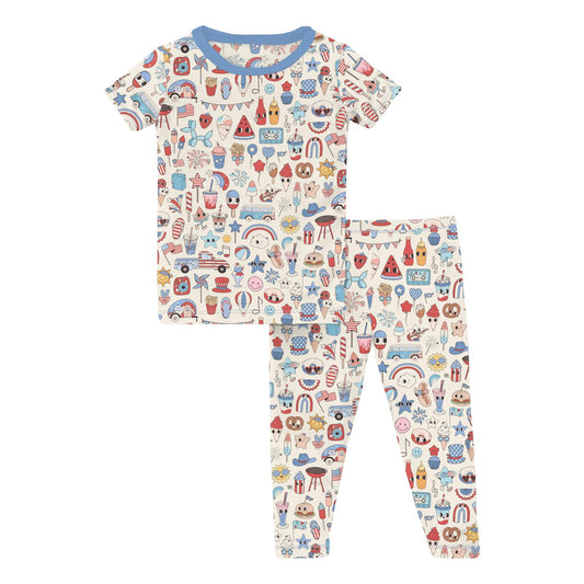 Print Short Sleeve Pajama Set in Party USA (361352)