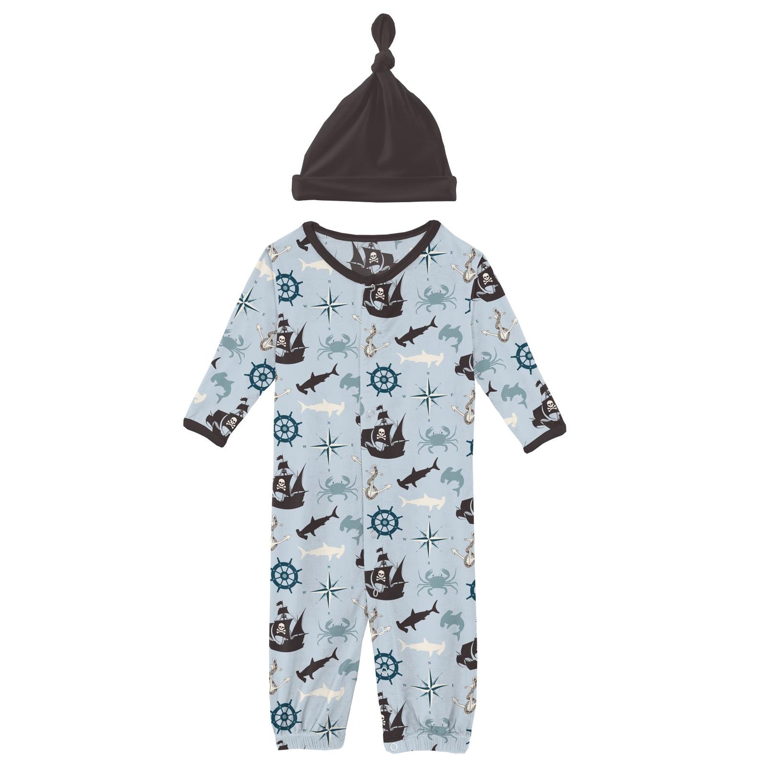 Print Layette Gown Converter & Single Knot Hat Set in Illusion Blue Pirate Adventure
