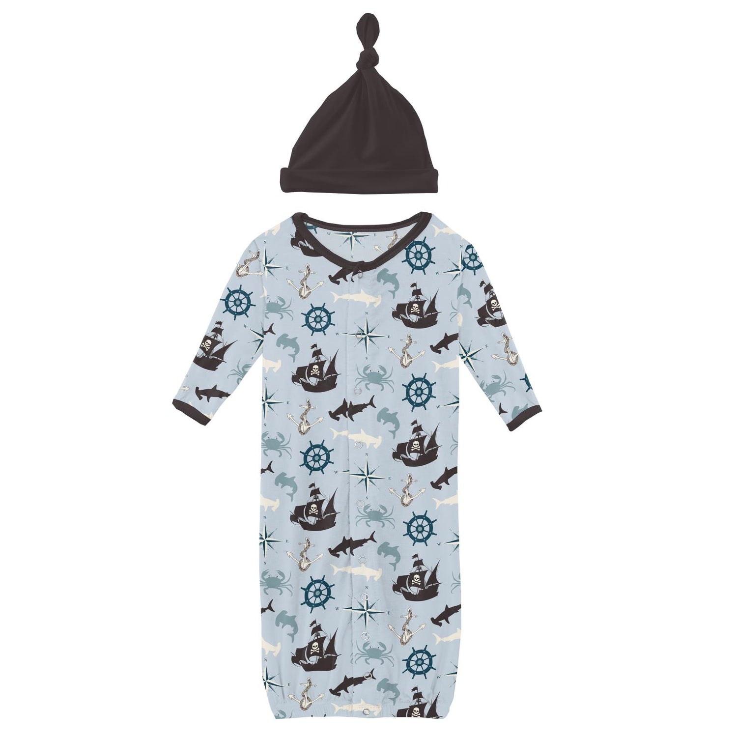 Print Layette Gown Converter & Single Knot Hat Set in Illusion Blue Pirate Adventure