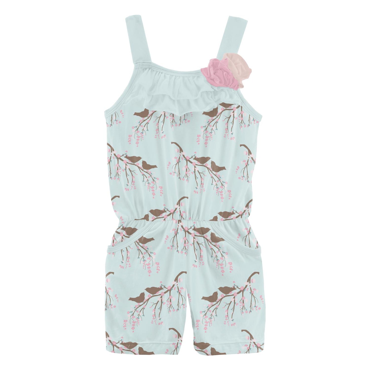 Print Flower Romper with Pockets in Fresh Air Bird Branch