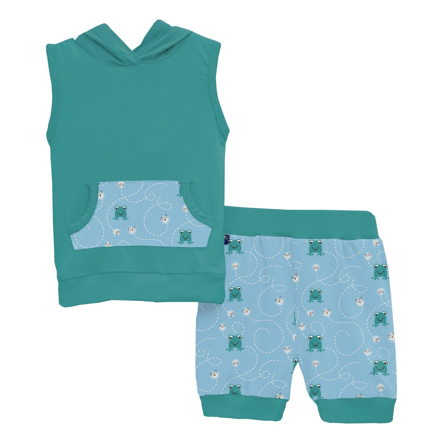 Print Short Sleeve Hoodie Tank Outfit Set in Seaside Blue Frogs & Flies (319885)