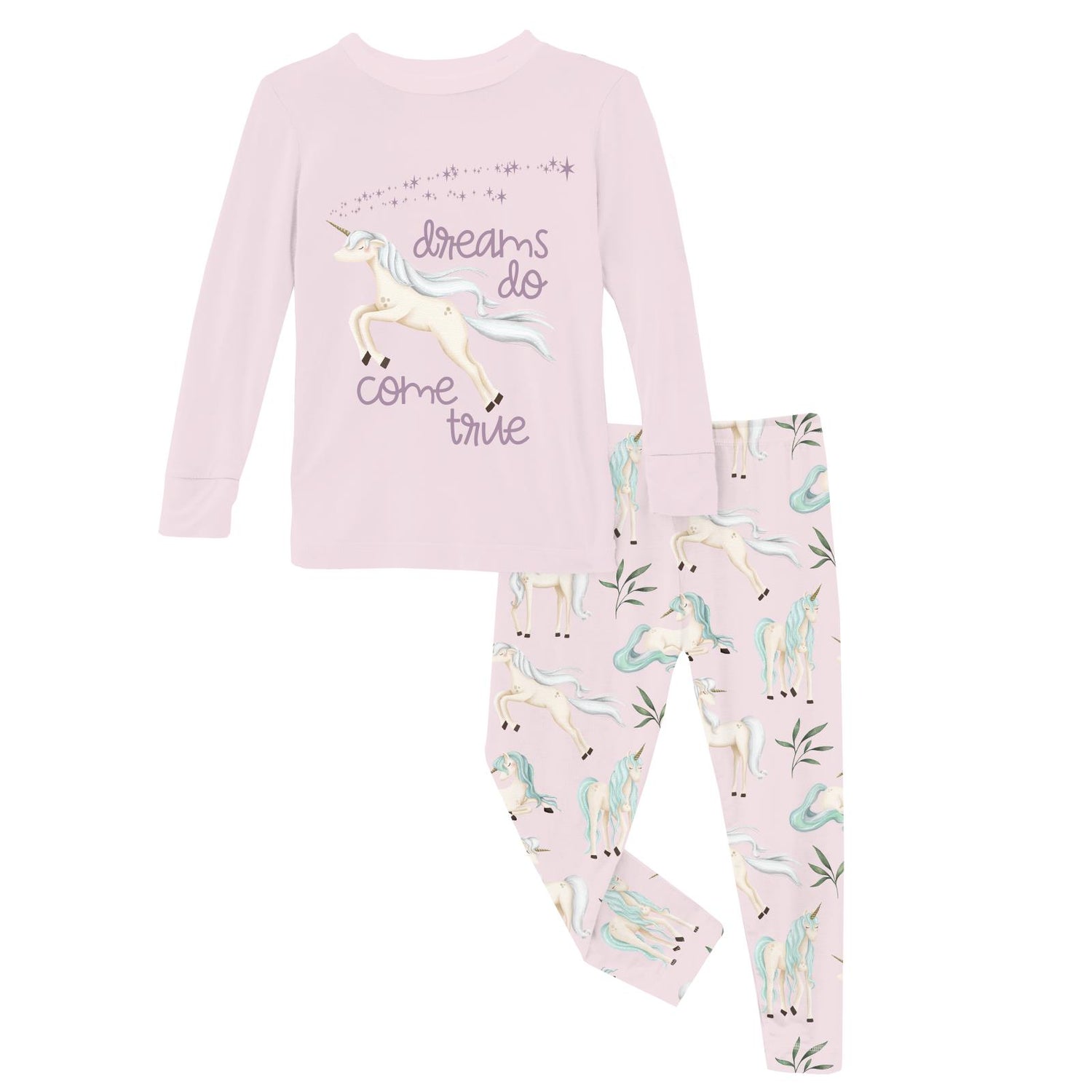 Long Sleeve Graphic Tee Pajama Set in Shrinking Violet Sleeping Unicorns (319916)