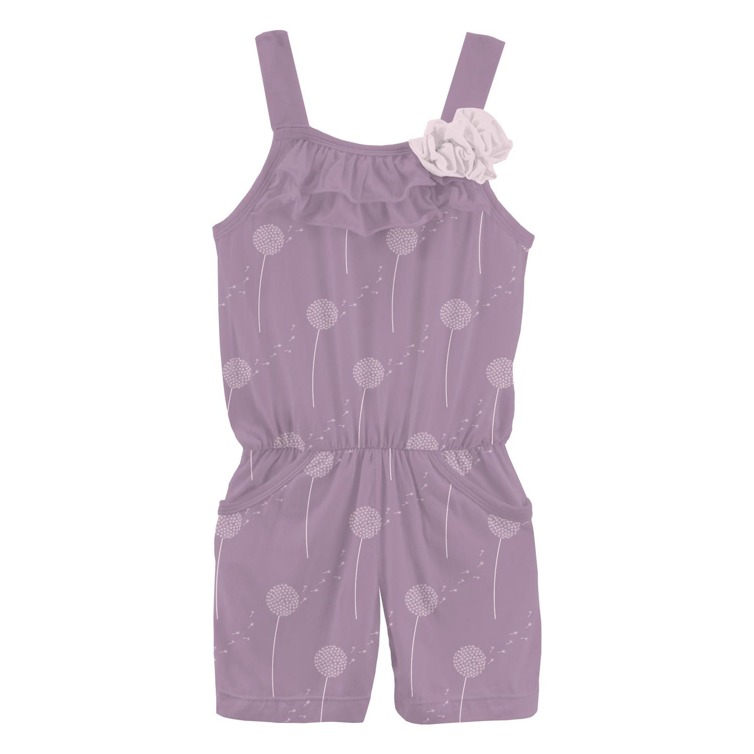 Print Flower Romper with Pockets in Lavender Dandelion Wish