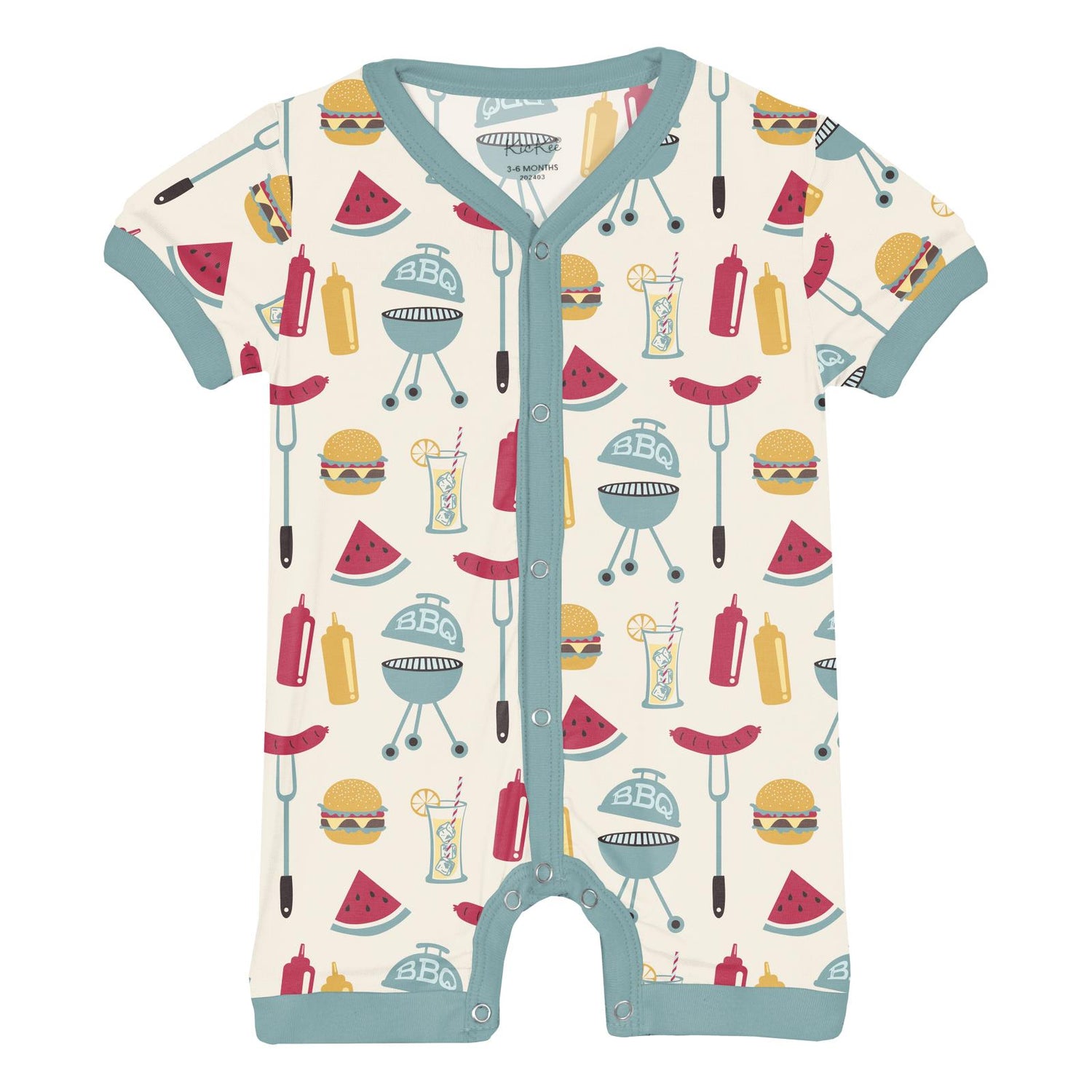 Print Short Sleeve Snap-Front Romper in Natural BBQ (320160)