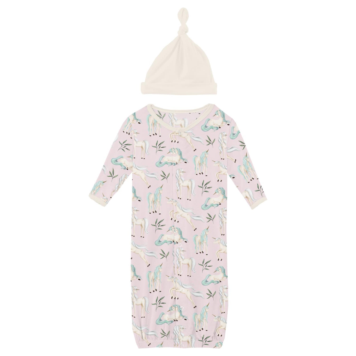 Print Layette Gown Converter & Single Knot Hat Set in Shrinking Violet Sleeping Unicorns