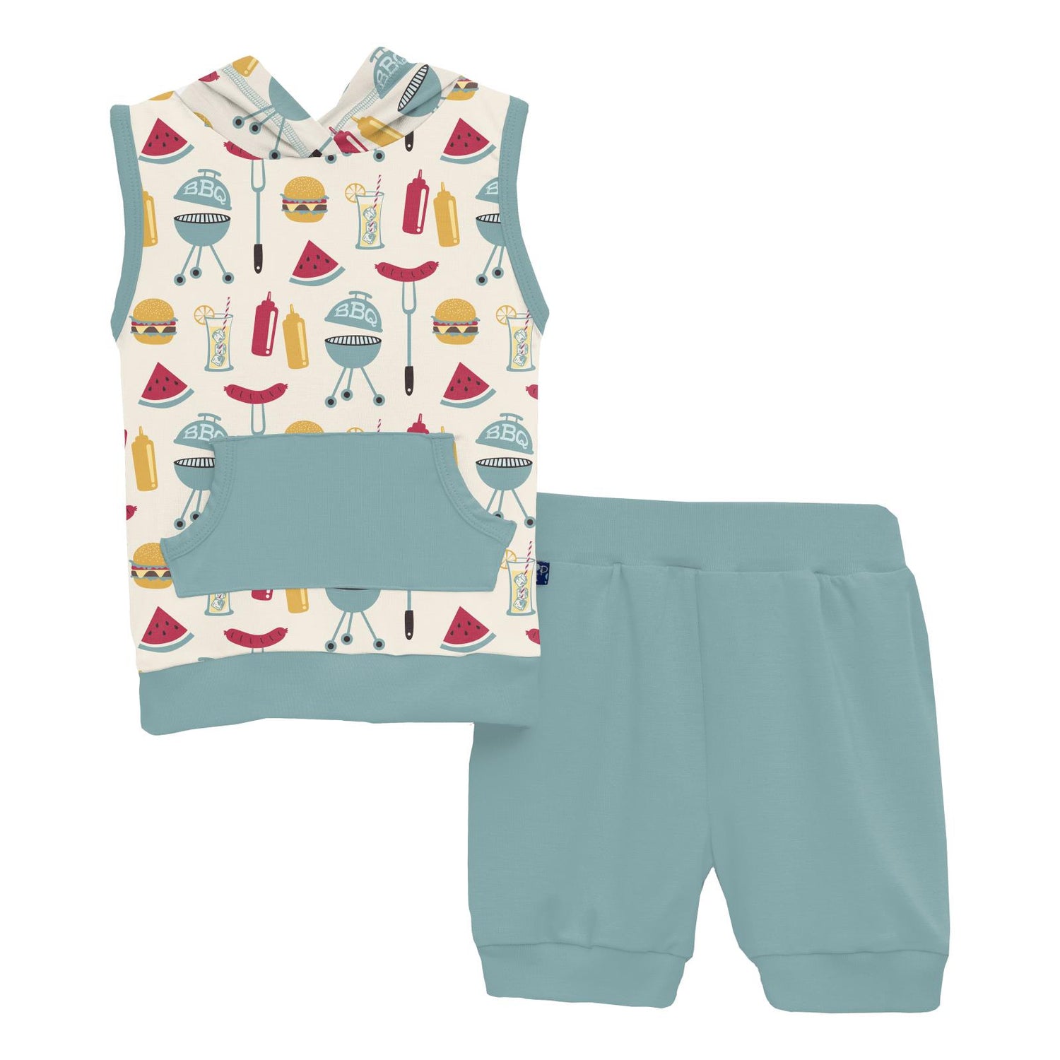 Print Short Sleeve Hoodie Tank Outfit Set in Natural BBQ (320221)