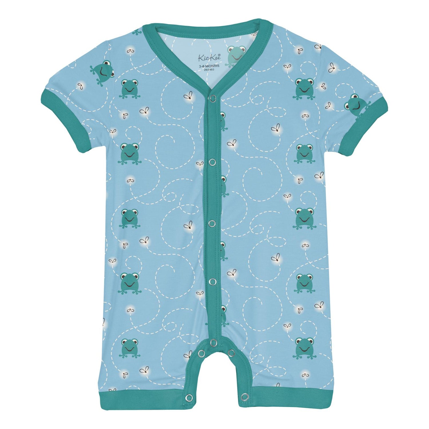 Print Short Sleeve Snap-Front Romper in Seaside Blue Frogs & Flies (320317)
