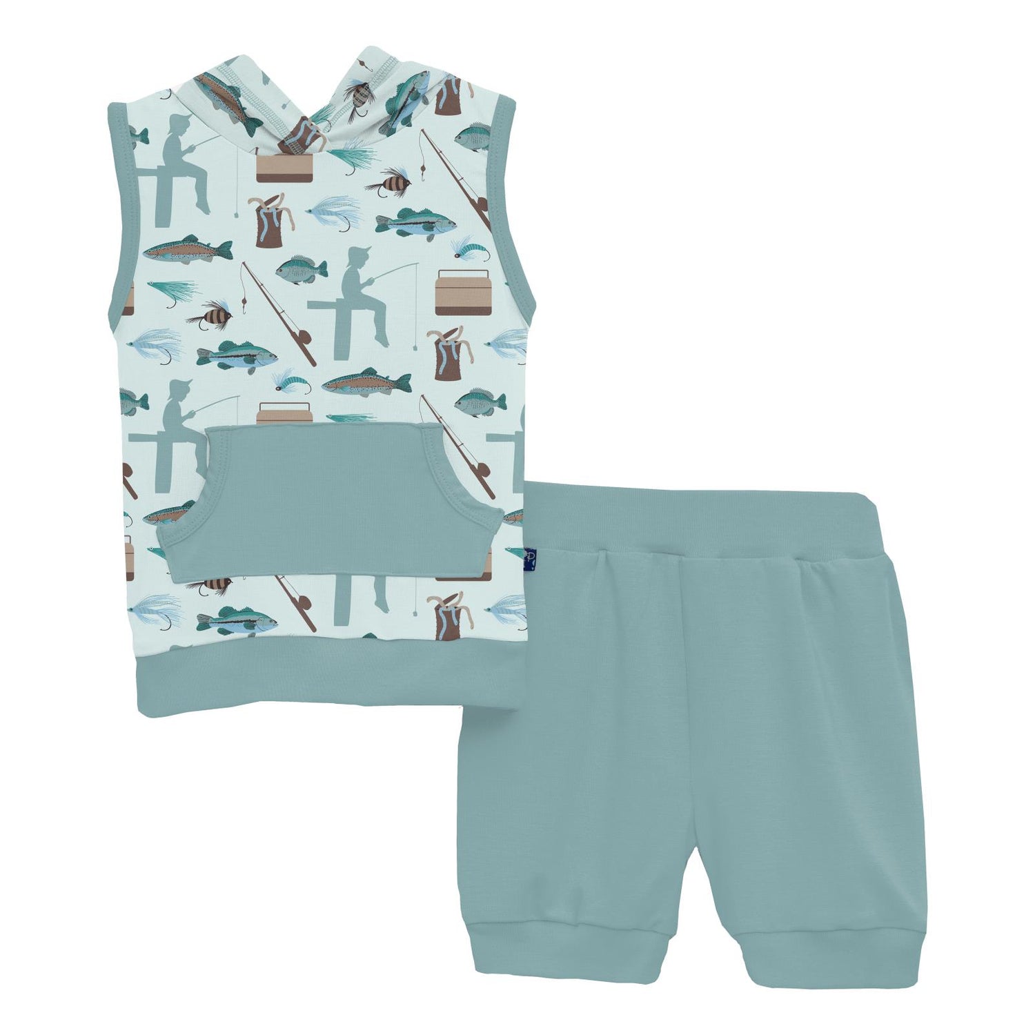 Print Short Sleeve Hoodie Tank Outfit Set in Fresh Air Fishing (320329)