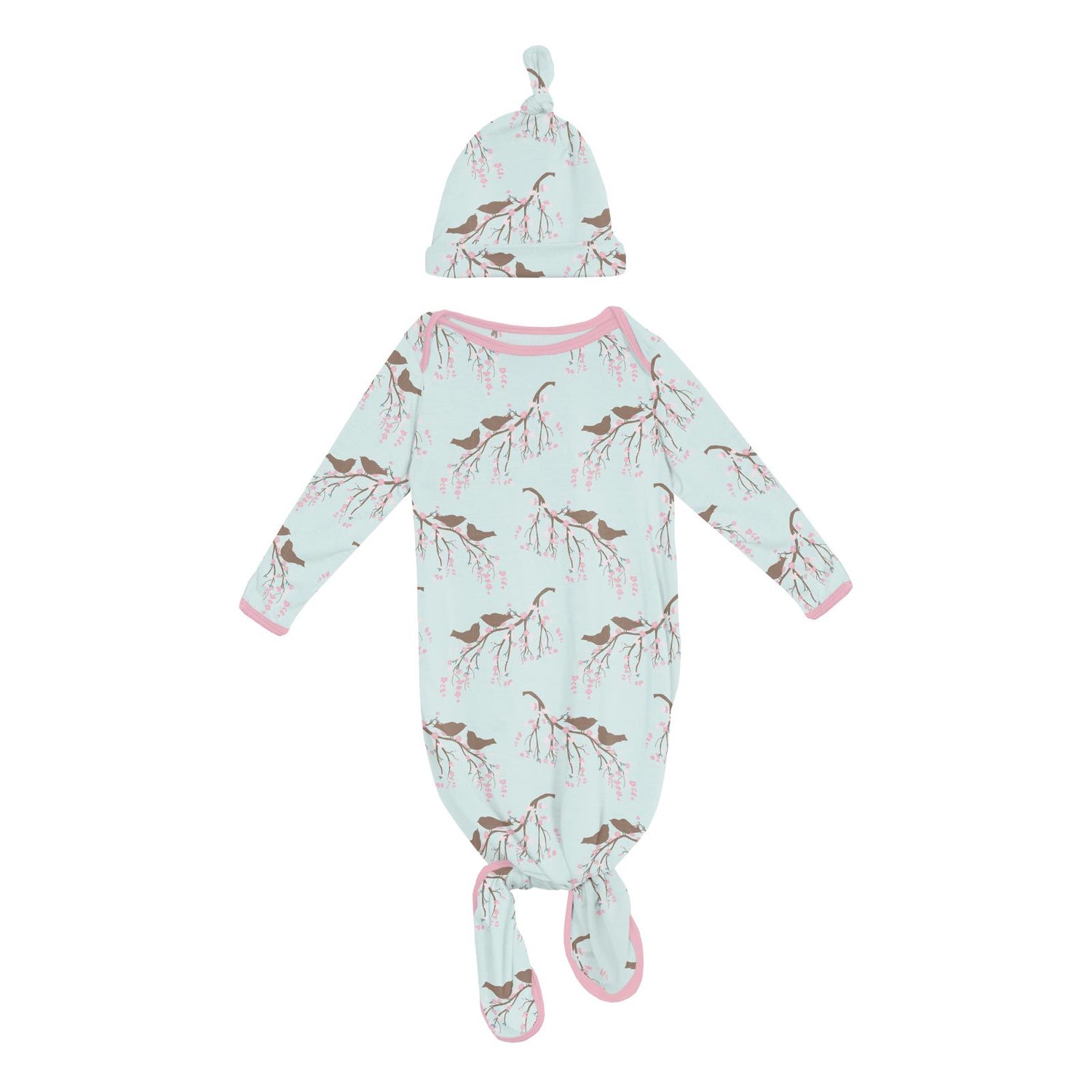 Print Knotted Layette Gown & Hat Set in Fresh Air Bird Branch