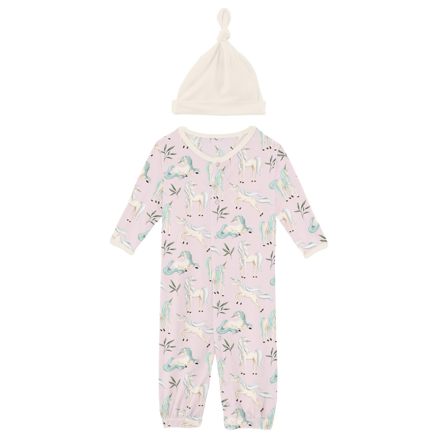 Print Layette Gown Converter & Single Knot Hat Set in Shrinking Violet Sleeping Unicorns