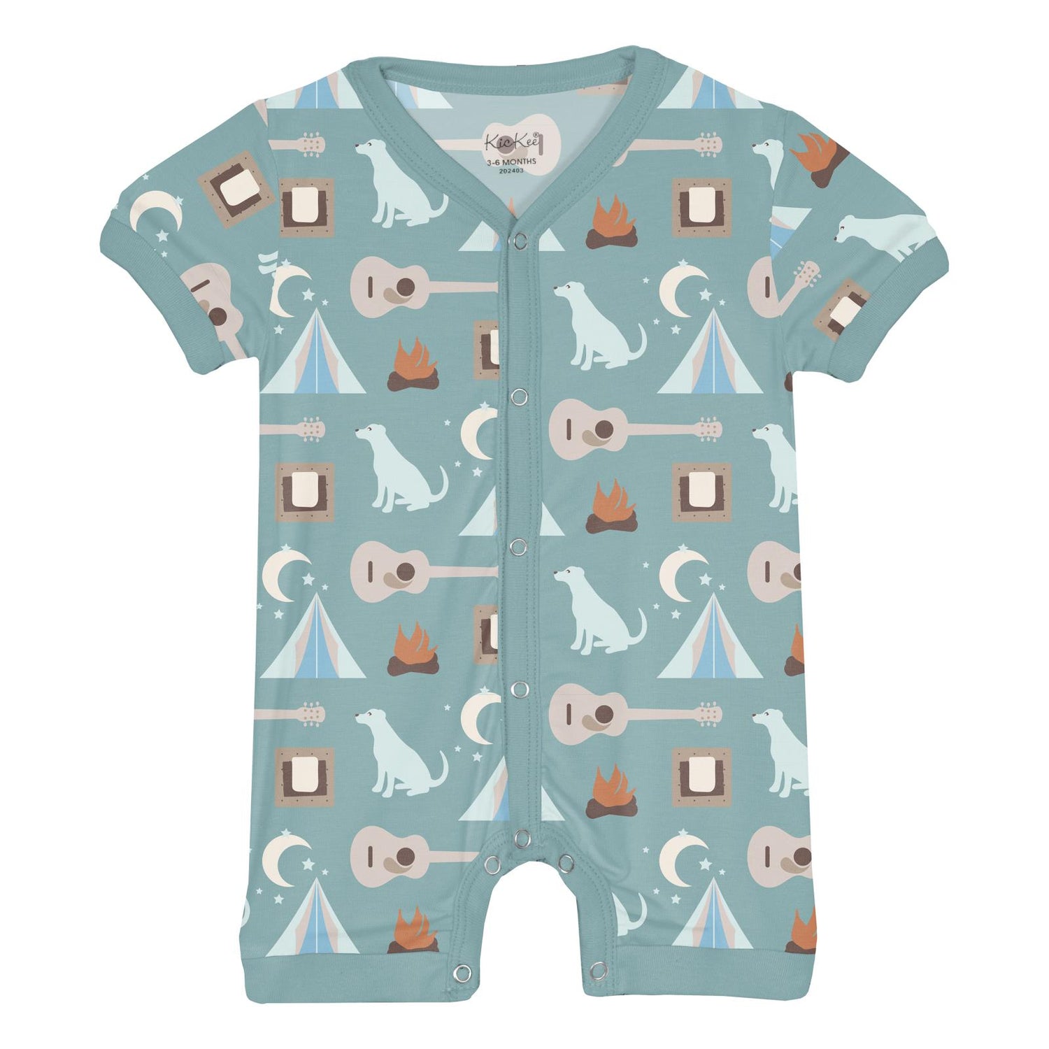 Print Short Sleeve Snap-Front Romper in Jade Campfire (320387)