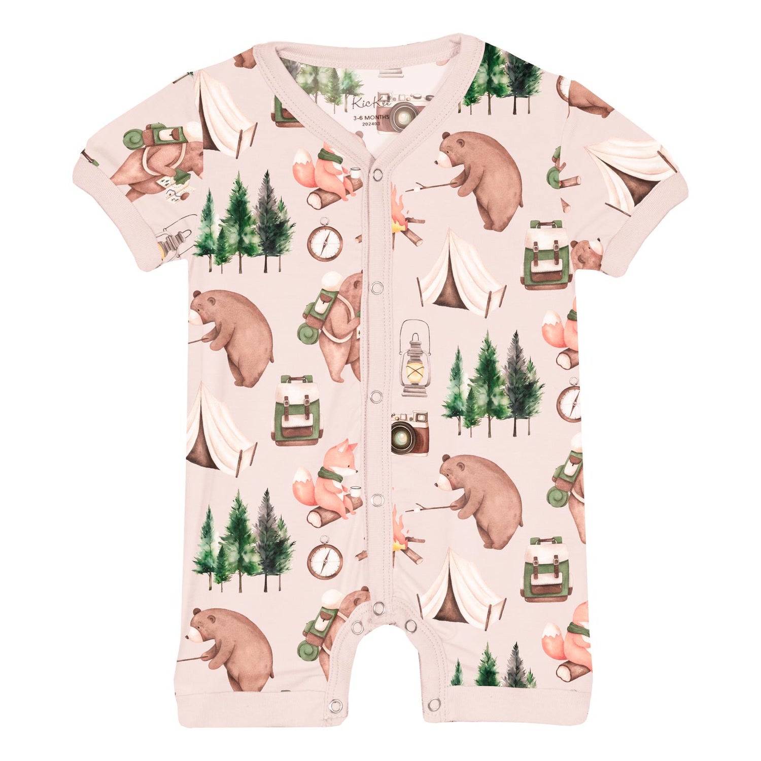 Print Short Sleeve Snap-Front Romper in Latte Camping Animals (320396)