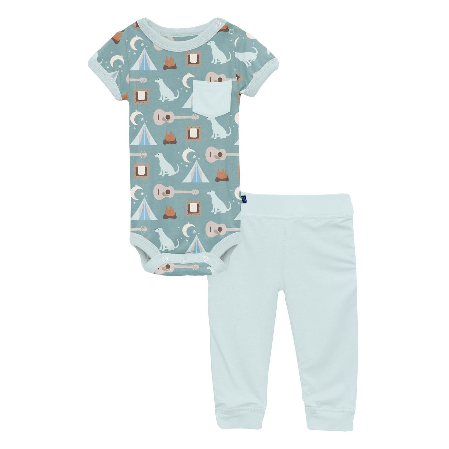 Print Short Sleeve Pocket One Piece & Pants Outfit Set in Jade Campfire (321752)
