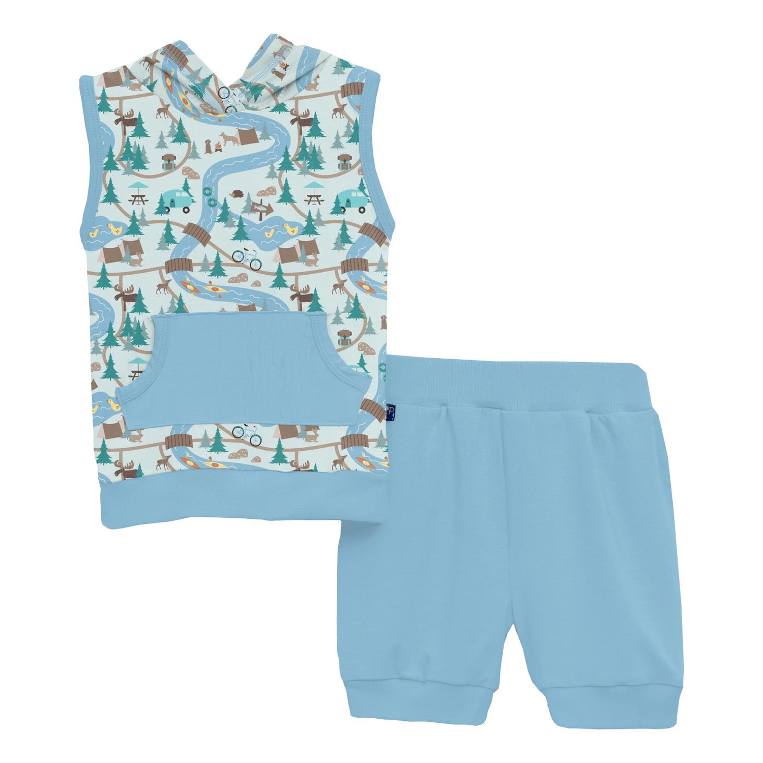 Print Short Sleeve Hoodie Tank Outfit Set in Fresh Air Campground Map (319927)
