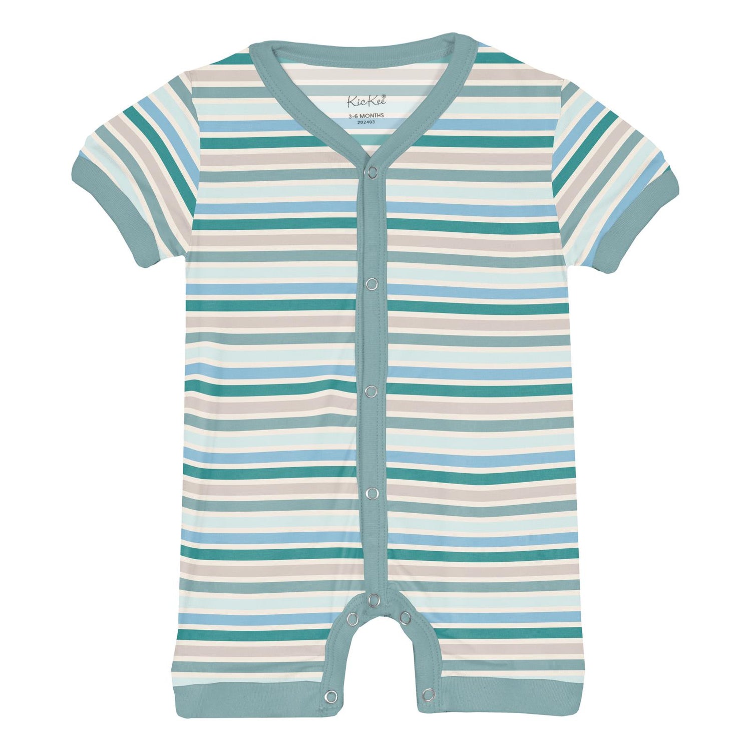 Print Short Sleeve Snap-Front Romper in Lakeside Stripe (320125)