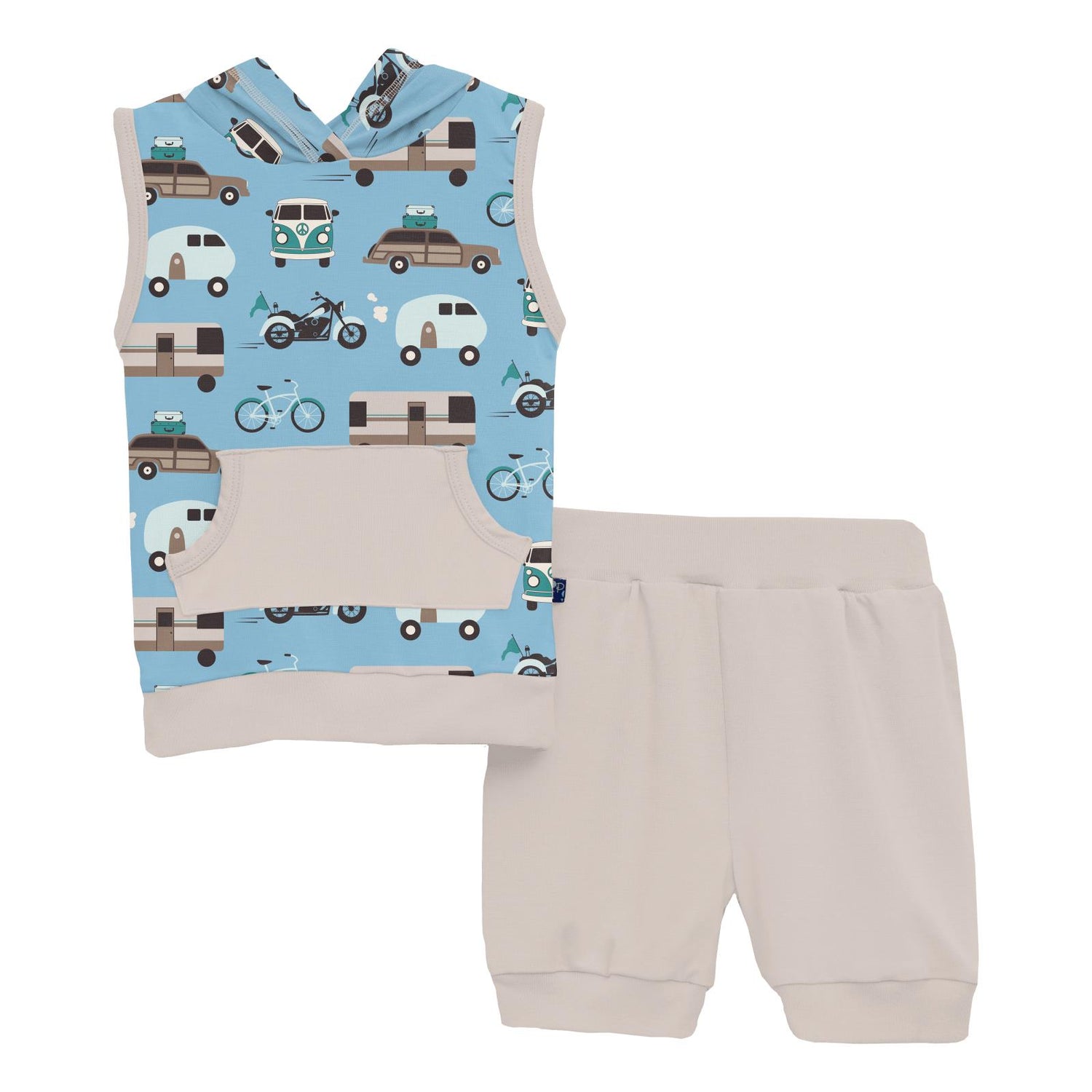 Print Short Sleeve Hoodie Tank Outfit Set in Seaside Blue On the Way (320219)