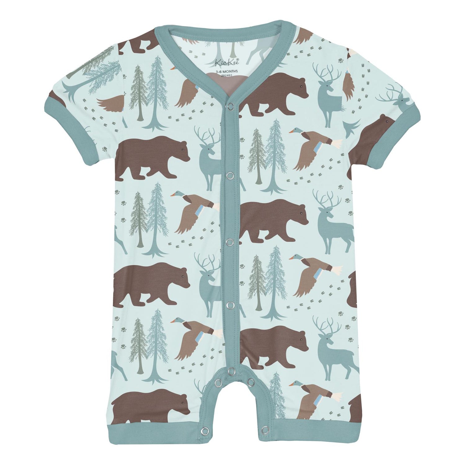 Print Short Sleeve Snap-Front Romper in Fresh Air Forest Adventure (320222)
