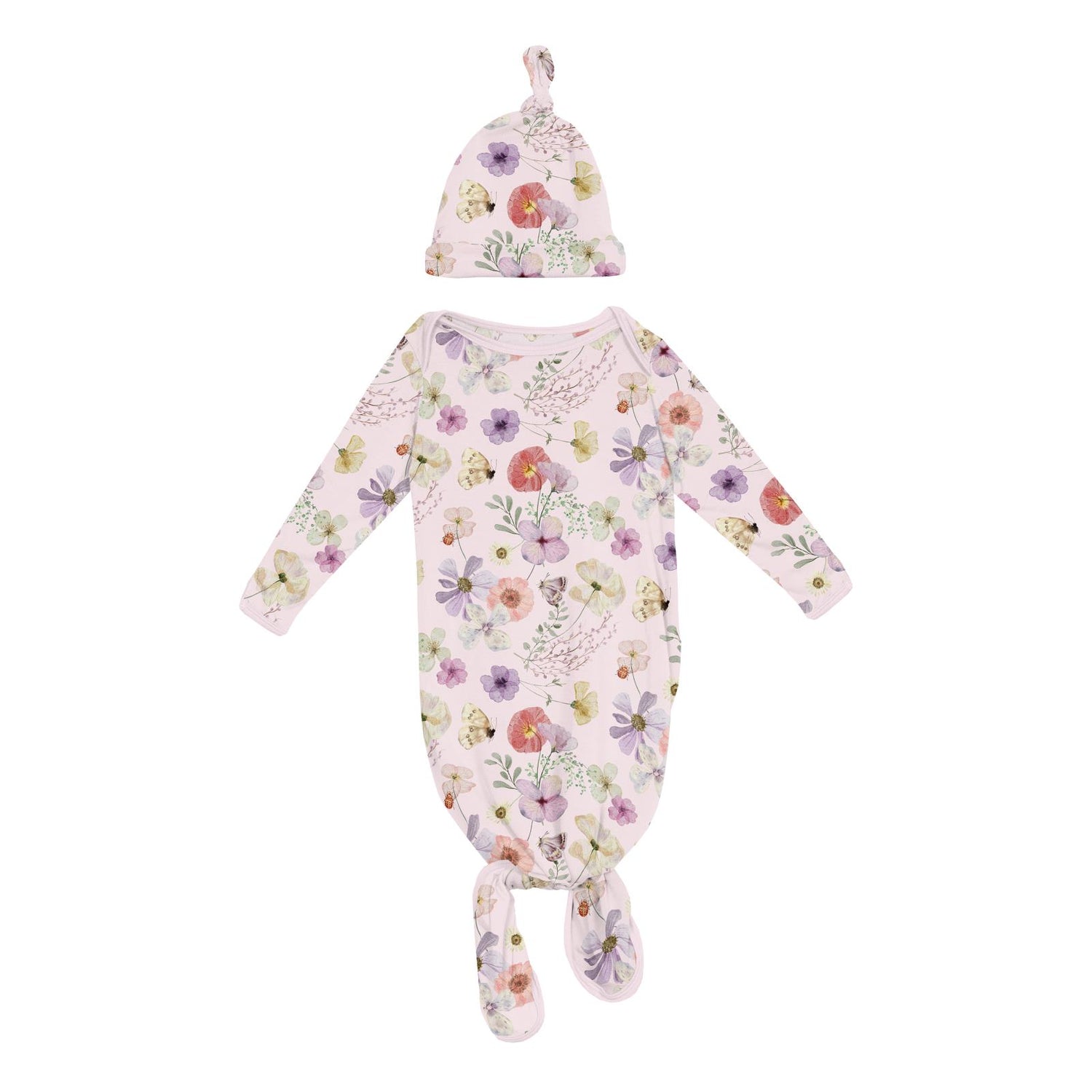 Print Knotted Layette Gown & Hat Set in Shrinking Violet Pressed Flowers