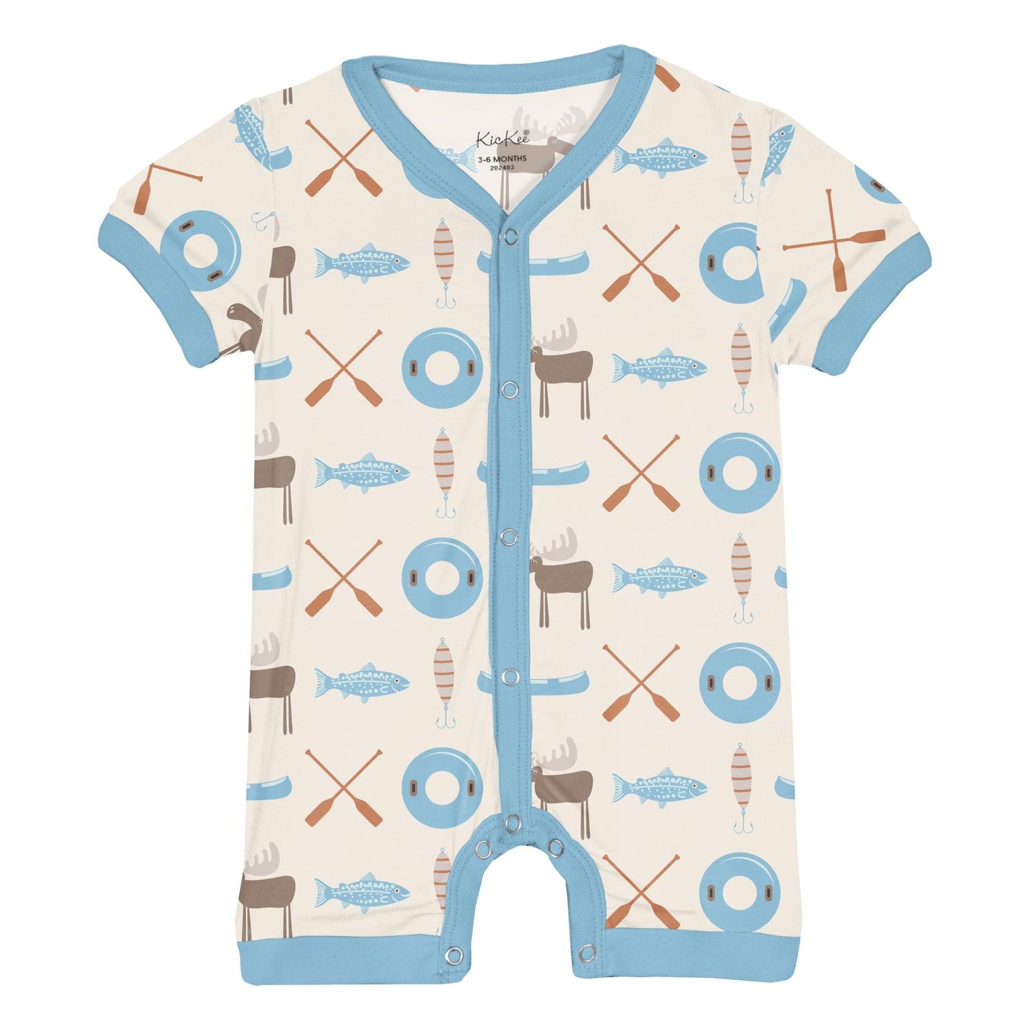 Print Short Sleeve Snap-Front Romper in Natural Lake Life (320312)