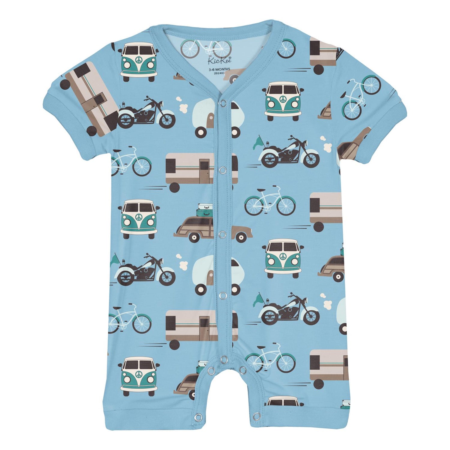 Print Short Sleeve Snap-Front Romper in Seaside Blue On the Way (320325)