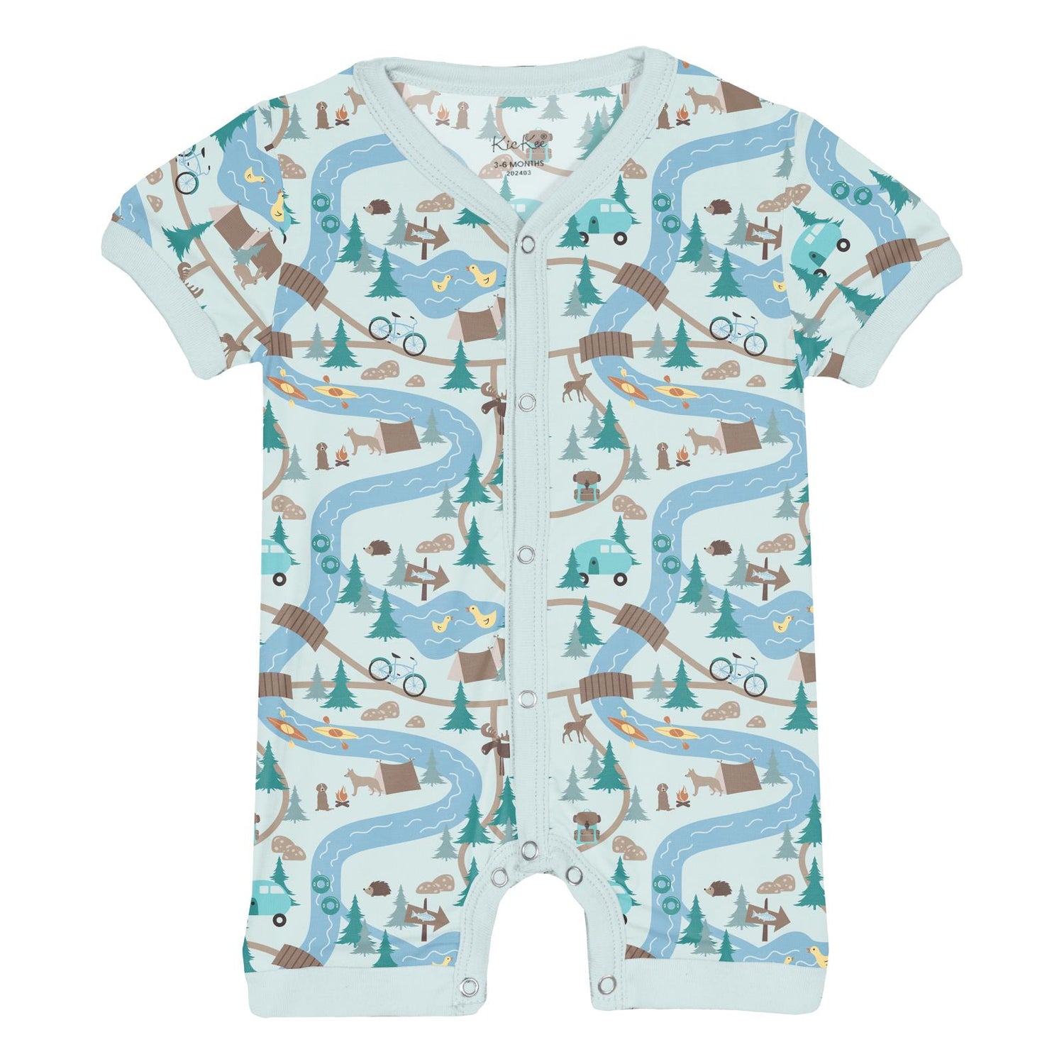 Print Short Sleeve Snap-Front Romper in Fresh Air Campground Map (320336)