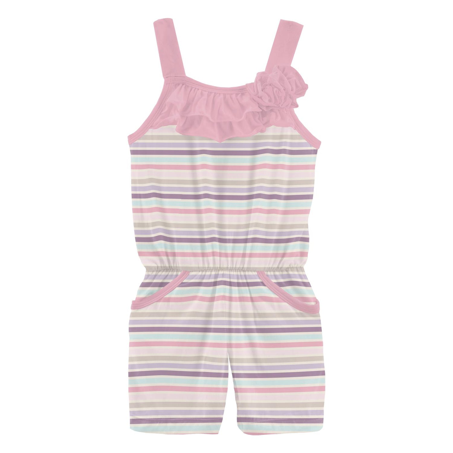 Print Flower Romper with Pockets in Ice Cream Stripe