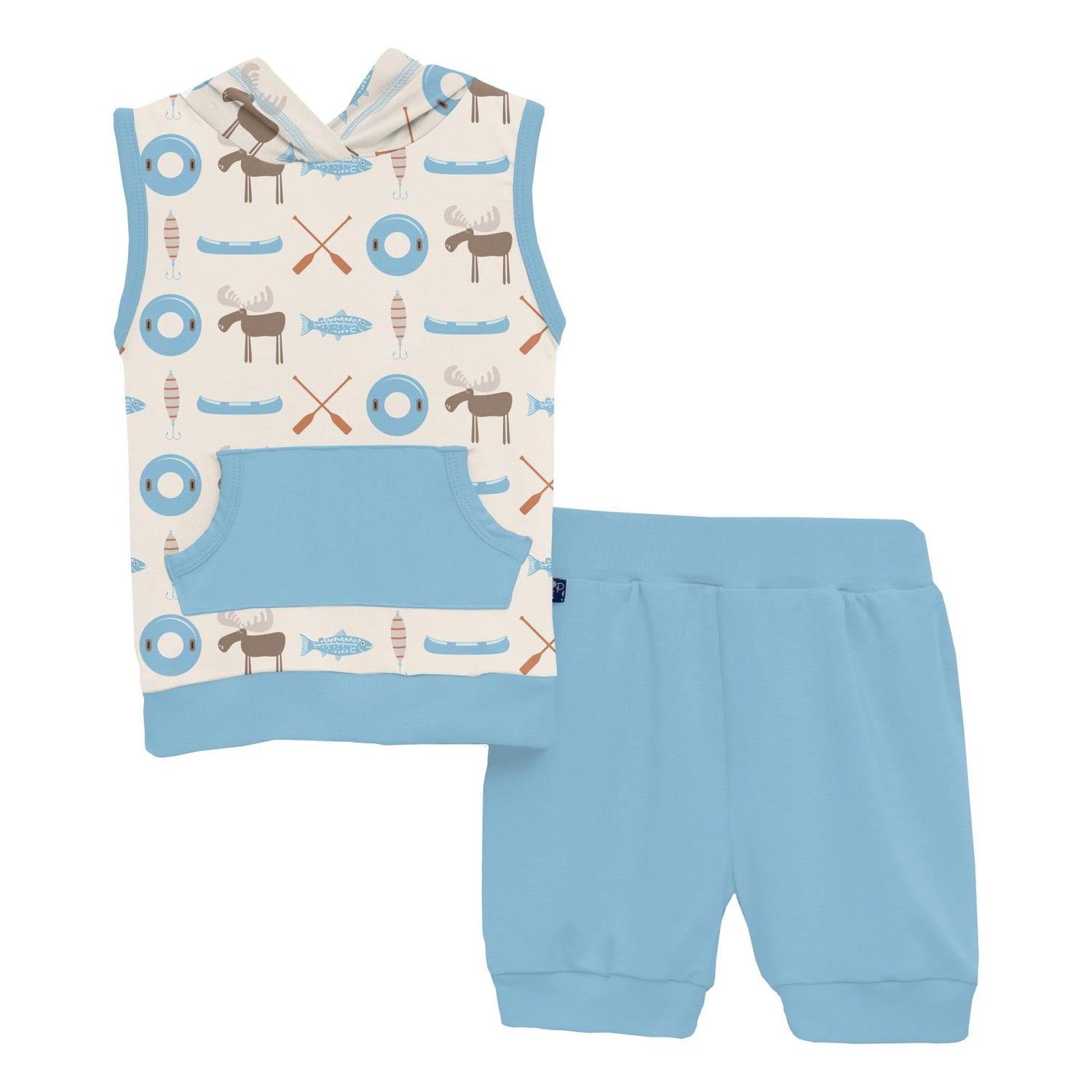 Print Short Sleeve Hoodie Tank Outfit Set in Natural Lake Life (320399)