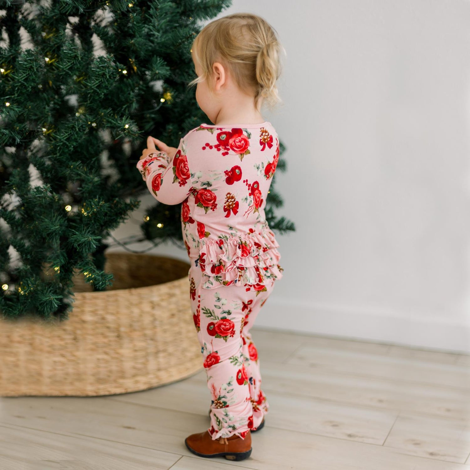 Print Oh La La Ruffle Romper in Baby Rose Holiday Floral (370929)