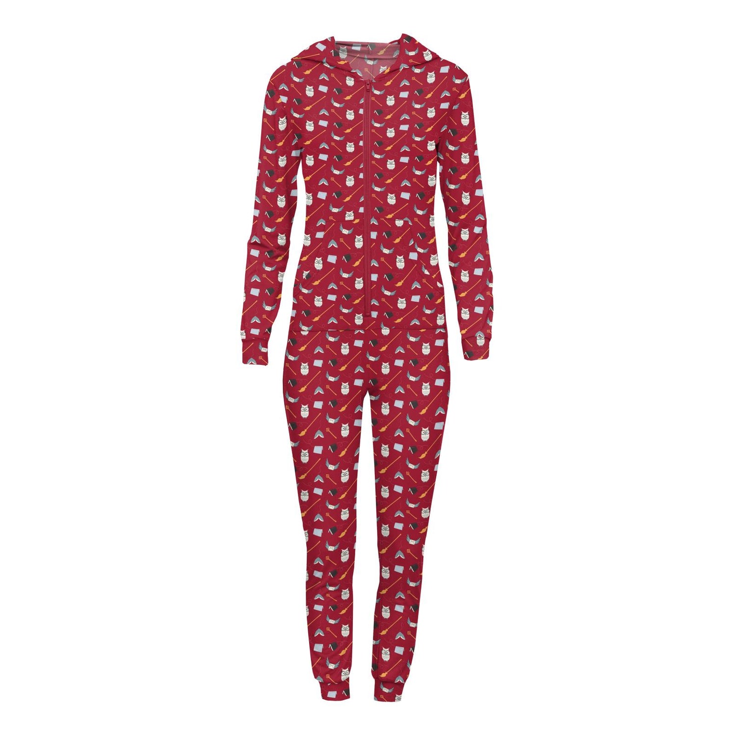 Women's Print Long Sleeve Jumpsuit with Hood in Crimson Magical World