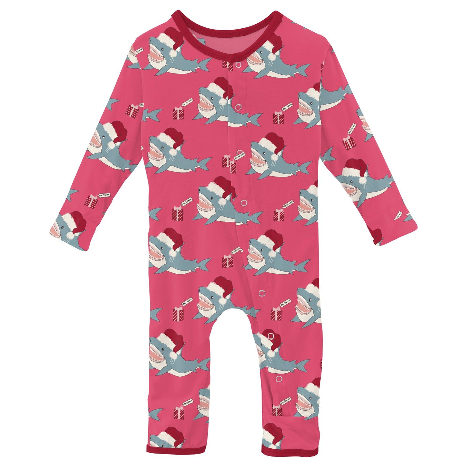 Print Coverall with Snaps in Winter Rose Holiday Sharks